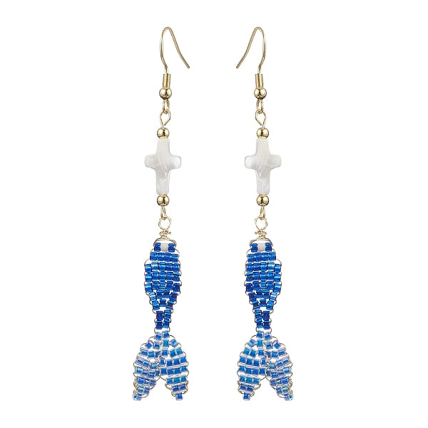 Boucles d'oreilles pendantes en verre et coquillages