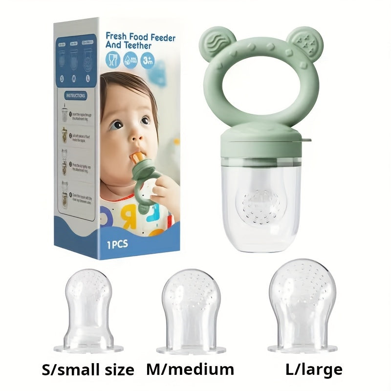 TEMU 1pc Food Grade Silicone Teether & Fruit Vegetable Feeder With 3 Size Mesh Bags - Soft Chewable Food Kit, Christmas Halloween Gift ( Blue),