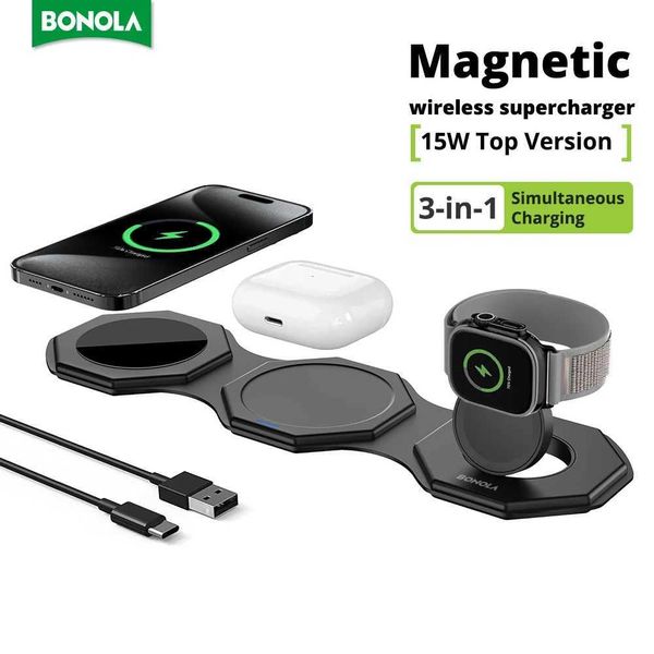Bonola 15W Magnetic Wireless Charger 3 in 1 Foldable for iPhone 15pro-13-14 Portable Fold Chargers for AirPods Pro-iWatch 9-8-7M240731