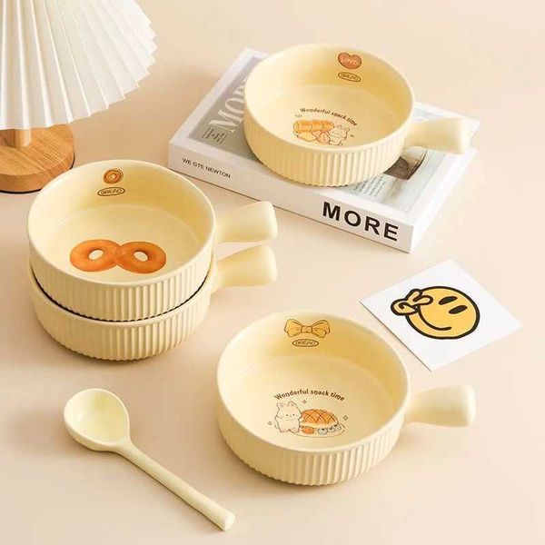 Ins Ceramic Salad Bowl Single Handle Spoon Breakfast Cereal Noodle Fruit Bowl Dessert Soup Cartoon Rabbit Microwave Oven SpecialC250118
