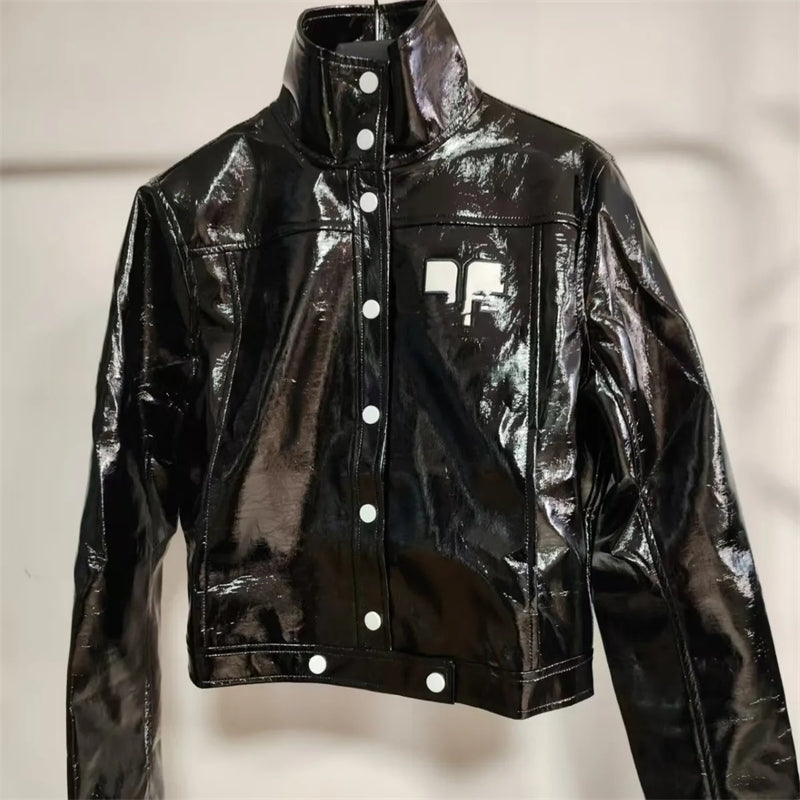 Trendy French Classic Embossed PU Texture Shiny Leather Jacket Coat Moto Short Flip Collar Outerwear 250820