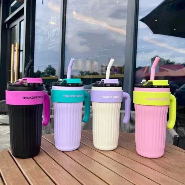 860ml Large Capacity Coffee Cup with Handle Straw Thermos Cup Girl Stainless Steel Ice Bomber Cup Outdoor Portable Water BottleCL240809