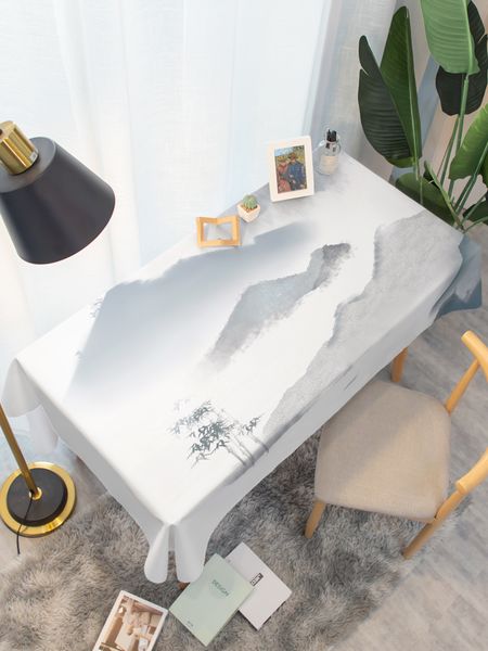 DH053 Waterproof Landscape Tablecloth - Easy Wash Dining Cloth with Traditional Chinese Painting Design for Coffee Tables & Desks