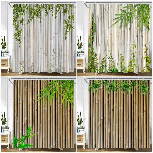 Brown Bamboo Shower Curtains Green Leaves Plant Spring Garden Scenery Wall Hanging Modern Fabric Bathroom Decor Bath Curtain Set Y240815