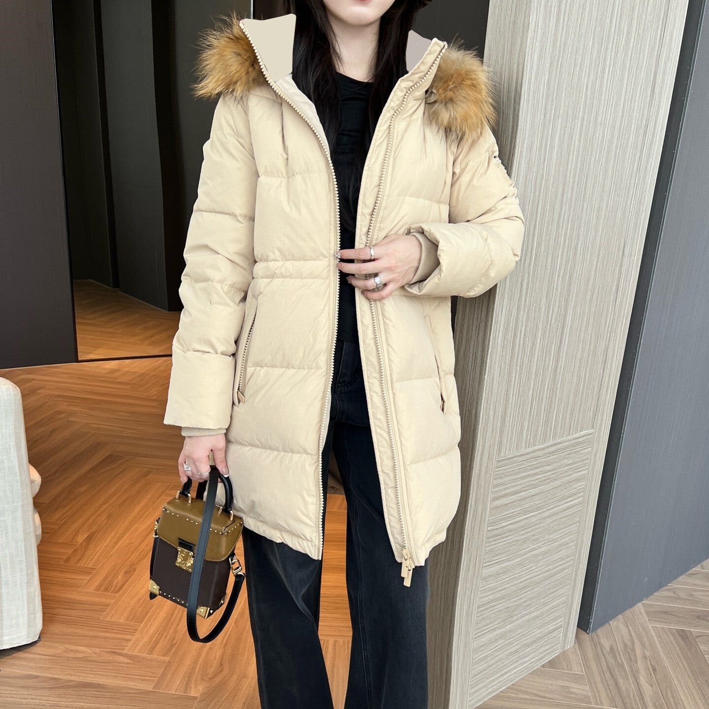 Womens Premium Mid Long Down Jacket Warm Lightweight Slim Fit Elegant Fashion Puffer Coat Luxury Outerwear White Goose Down Filling