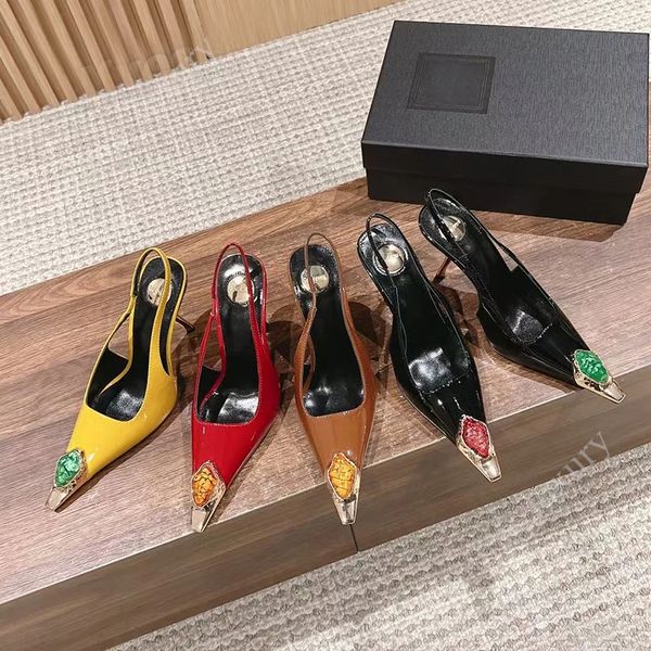 Women&#039;s Stiletto Dress Shoes Slingbacks Pumps Patent leather Gold plated heel iron toe Sandals Business Party Evening shoes luxury desi