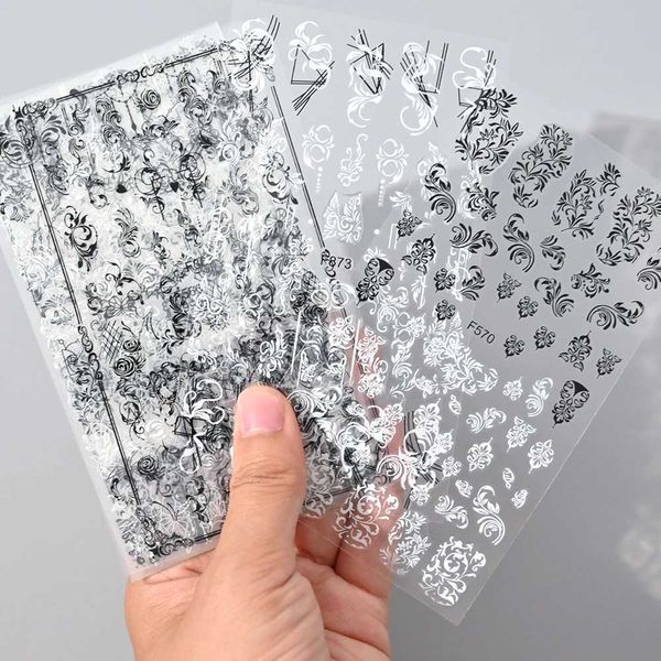 6 pieces-set of black and white lace nail art stickers 3D floral charm adhesive slider geometric line stickers handmade decoration W240815