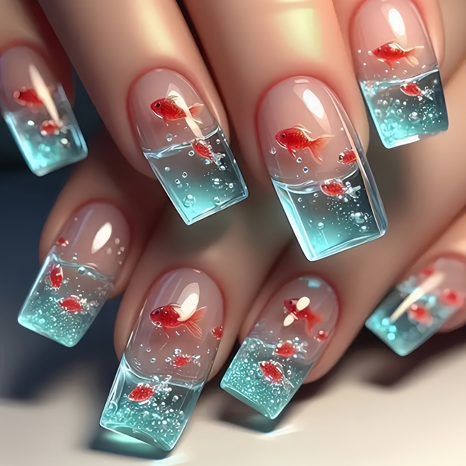 TEMU Style: 24pcs Wearable Nail Stickers With , Small Goldfish Bubble Underwater Theme, Versatile Effect, Detachable False Nails With Jelly Glue &