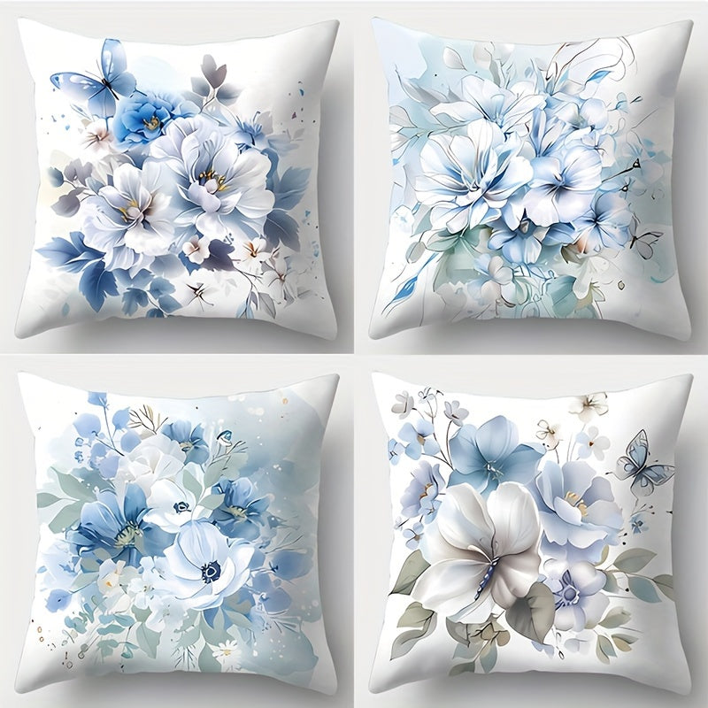 TEMU Contemporary Floral Throw Pillow Covers Set Of 4 – 18"x18" Zippered Polyester Pillowcases, Hand Washable, Woven Decorative Cushion Covers For