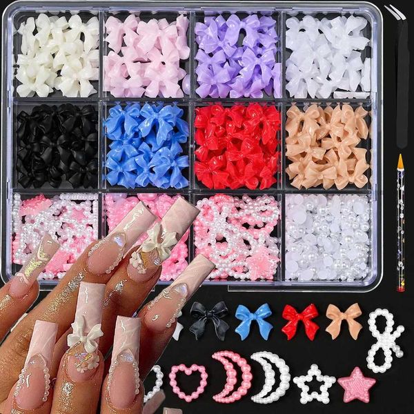 12 Grid-Box Mixed Bow Ribbon Nail Art Resin Charm Five Petal Flower Hollow Pearl Set Jewelry DIY Nail Art Accessories * #xw W240829
