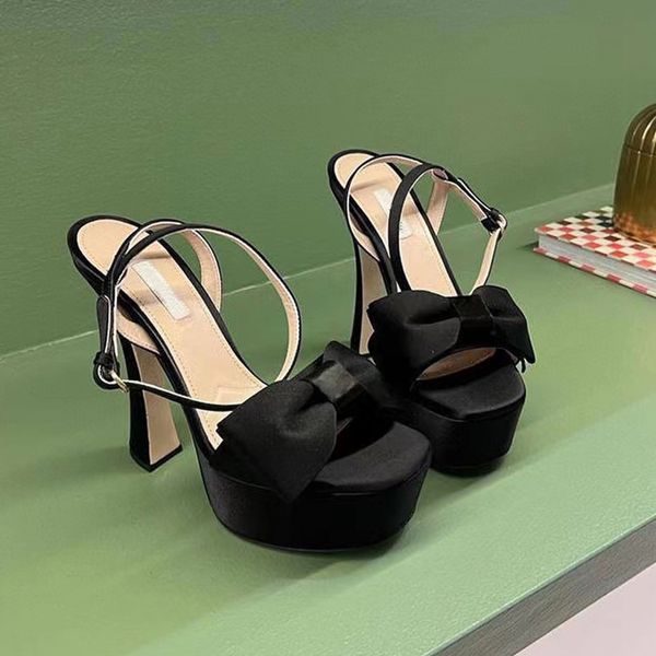 Sandals White Satin Bow Metal letter Ornament Platform Sandals Pumps womens Evening shoes women heeled 14cm exposed toe ankle strap super hi