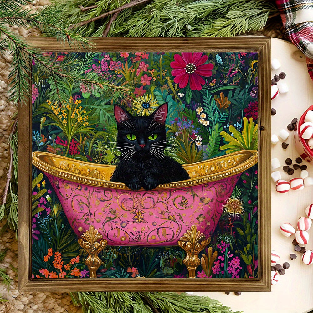 TEMU Black Cat & Floral Bathtub Wooden Sign - Whimsical 8x8" Wall Decor For Bathroom, Bedroom, Living Room, Office, Cafe | Perfect Farmhouse Desk