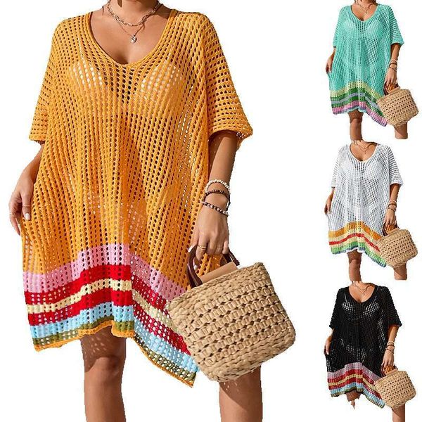 Summer V-neck loose beach cover up sun protection top oversized casual knit hollow out outerwear
