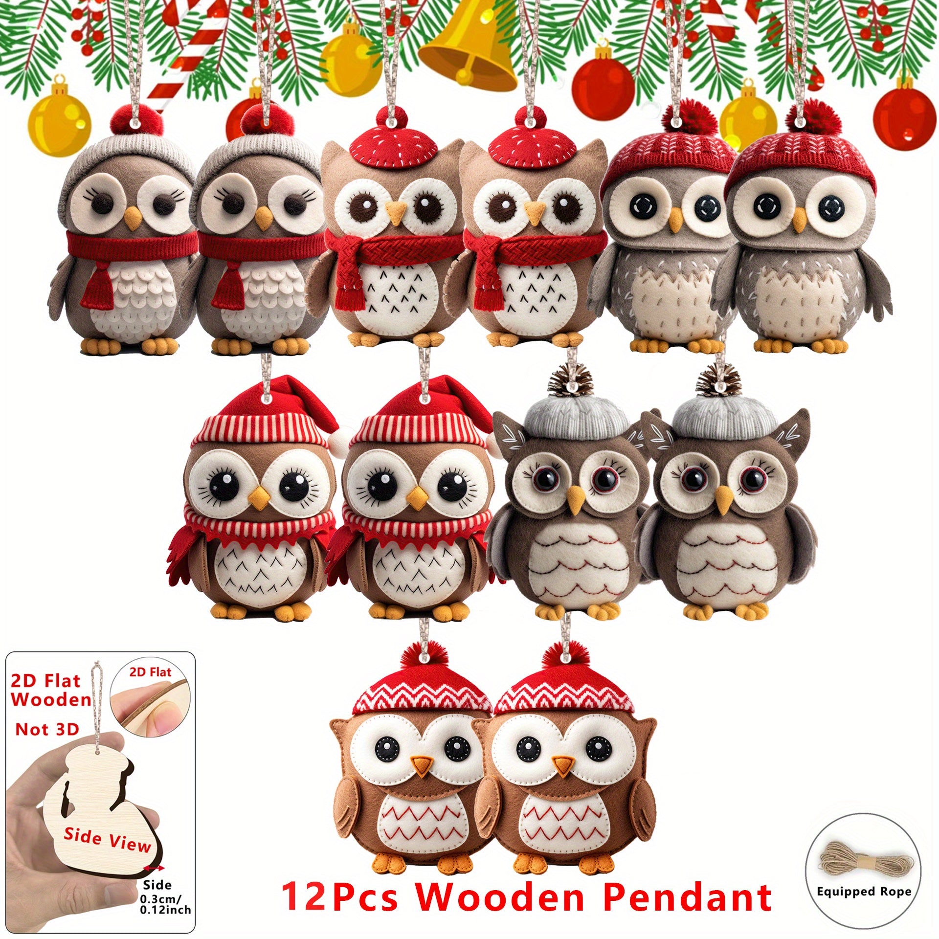 TEMU 2d Flat, 12pcs Cute Christmas Owl Wooden Pendants - Festive Felt Owl Decorations With Striped Scarves, , Home, Office, And Classroom Decor,
