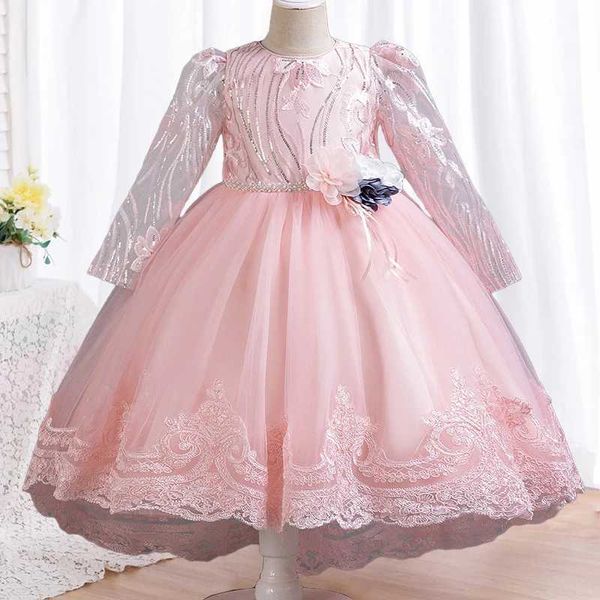 Vestido de noiva de menina de flores vestido de renda de manga longa Elegante Arte Performance Princess Dress 2024 Girl Carnival ClothingXJ2