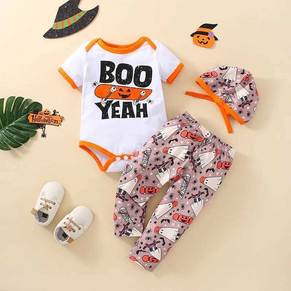 3Pcs Baby s Clothes Set Halloween Pumpkin Print Long Sleeve Romper and Pants Cap for Fall FestivitiesC250113