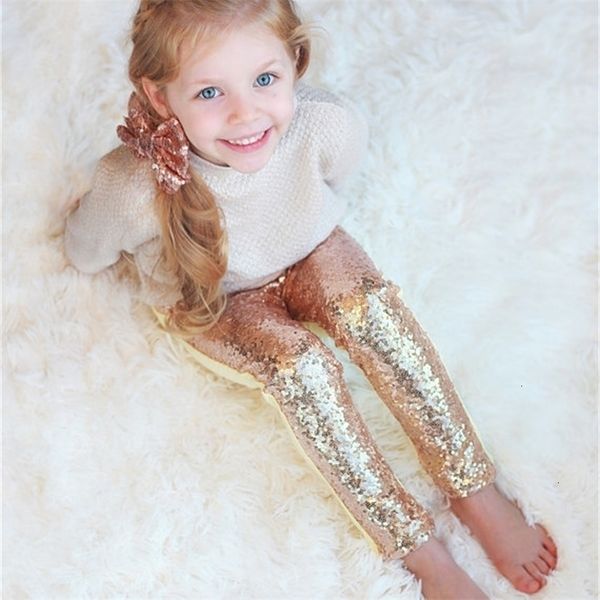 Girls Sequin Pants Rose Gold Sequin leggings Sparkle Pants Glitter leggings girl&#039;s sequin bottoms LJ200831