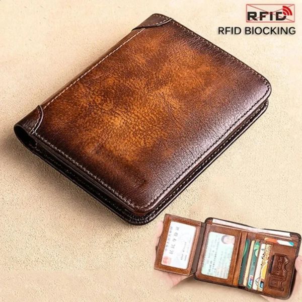 Men Wallet Genuine Leather Rfid Blocking Trifold Wallet Vintage Thin Short Multi Function ID Credit Card Holder Male Purse Money 250206