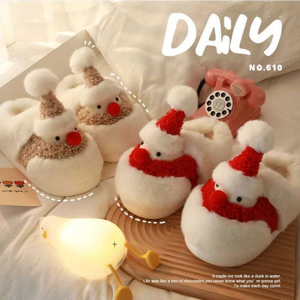Slippers Hairy Santa Claus household slippers heel wrap anti slip thick soled cute mens and womens Christmas warm shoes winter H240904