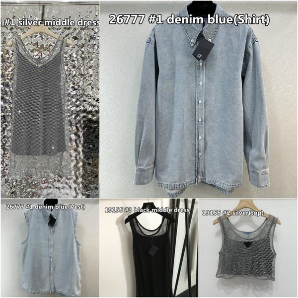 Brand Beads Diamonds Dress Denim Shirt Sleeveless Glitter Hollowed-Out Vest Party With Lining Runway Fashion