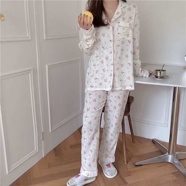 Women&#039;s Sleepwear floral print gauze cotton pajama set women comfortable breath pants suit home clothes linen crepe nightwear pyjamas L