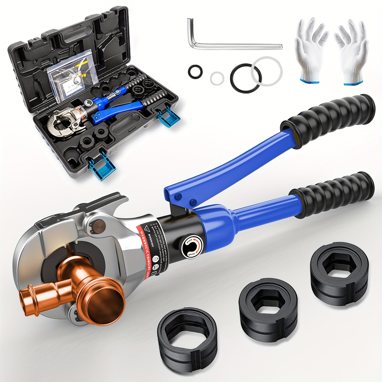 TEMU Hydraulic Crimping Tool, 360° Rotate Copper Press Tool With 1-2", 3-4" And 1", Plumbing Crimping Tool With Open, Press Tool For Copper Pipe,