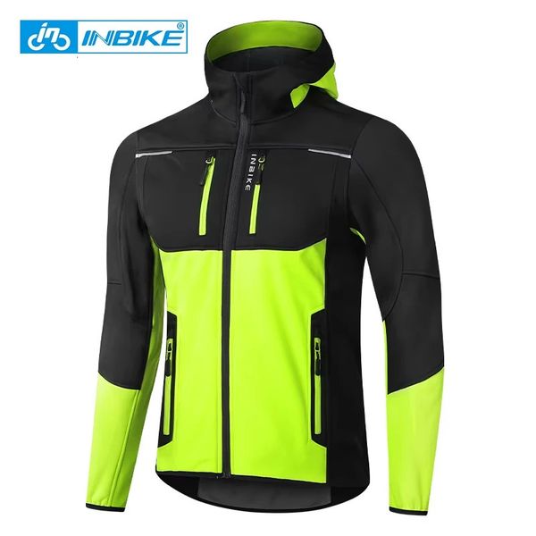 INBIKE Mens Winter Cycling Jacket With Hood Warm Fleece Windbreaker Coat For Men Windproof Outdoor Man Cycling Clothing Hiking 241225