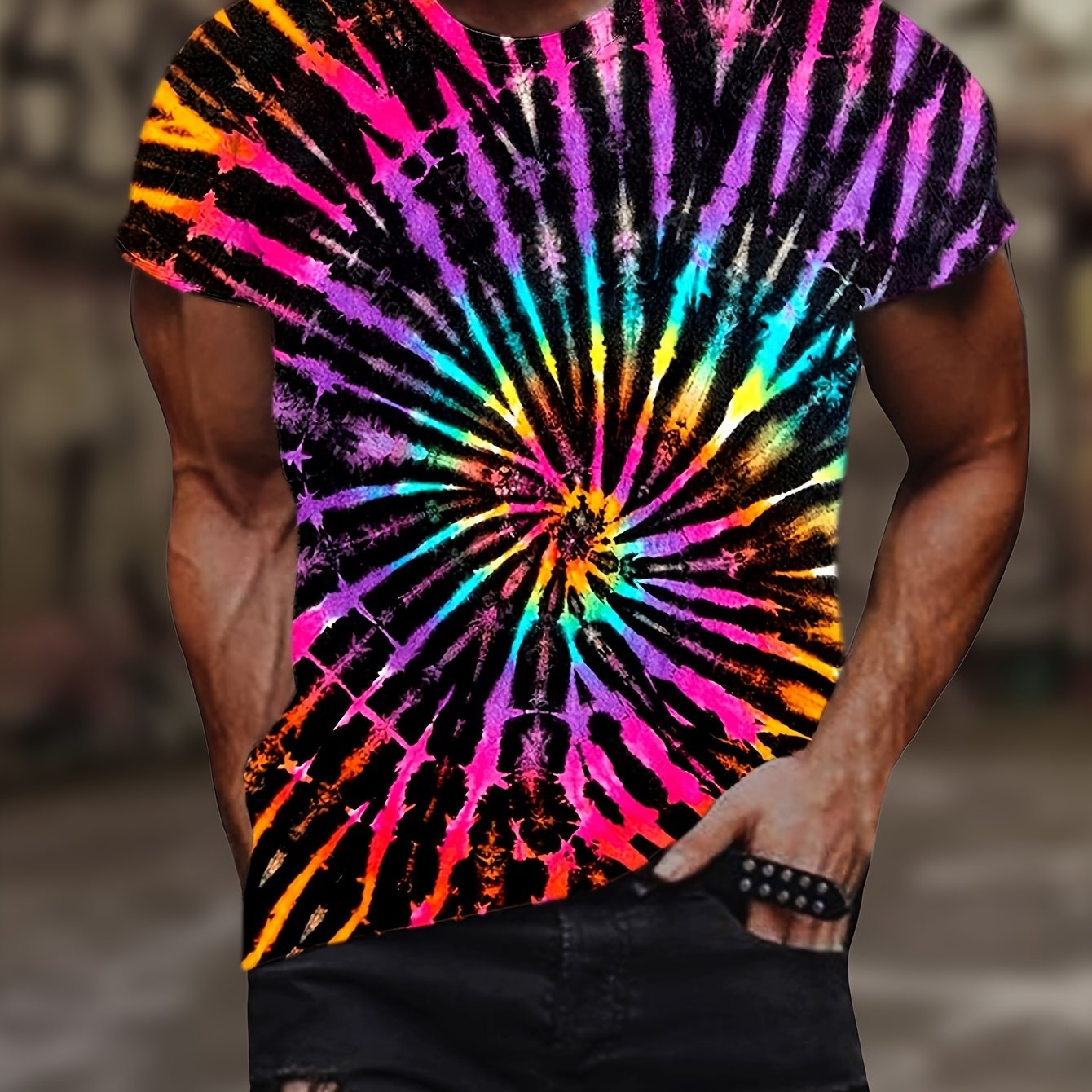 TEMU Men's Plus Size 3d Tie-dye Print T-shirt – Vibrant Pattern, Short Sleeve Crew Neck, Casual Summer Tee For Adults, Plus Size