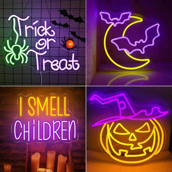 Trick Or Treat Neon Sign Funny Spider Candy Dimmable Led Neon Light For Halloween Party Home Living Room Shop Bar Wall Decor Y240807