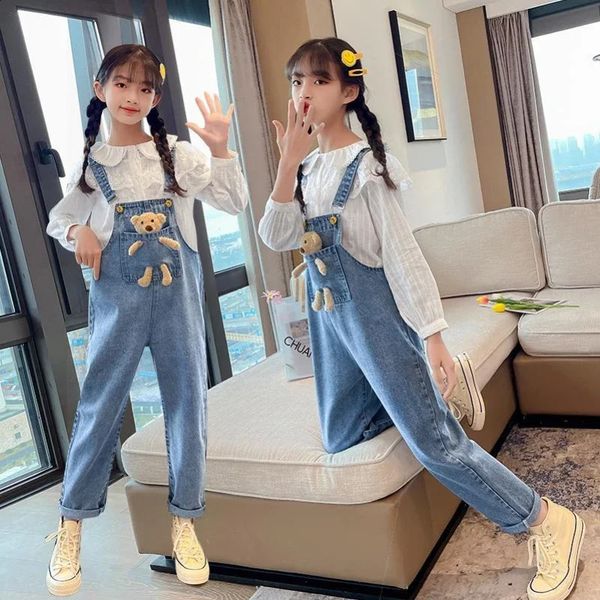 Spring Autumn Children Denim Bib Jumpsuit Pockets with Bear Kids Overalls Jeans for Girls Teenage Suspender Trousers 250117