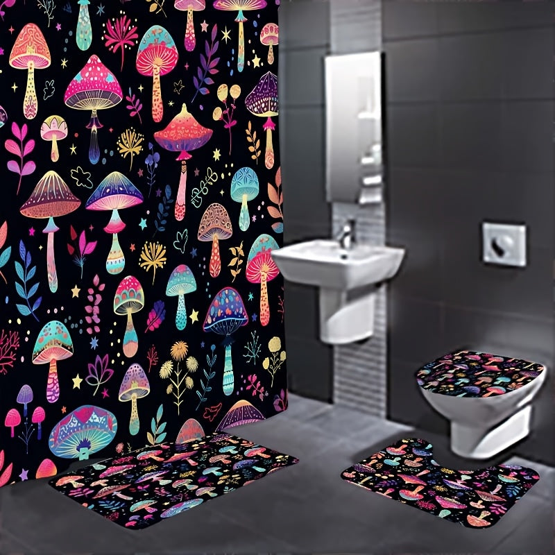 TEMU 1-4pcs Colorful Mushroom Pattern Shower Curtain Set, Including 180 * 180 Shower Curtain, Non Slip Floor Mat, Toilet Seat Cover, And U-shaped Pad