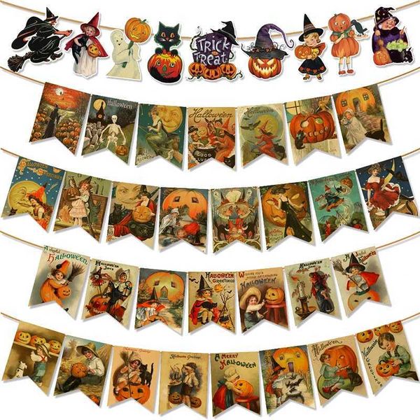 Halloween Party Hanging Banner Pumpkin Skeleton Vintage Retro Bunting Flag Trick or Treat Halloween Party Decorations for HomeXJ240819
