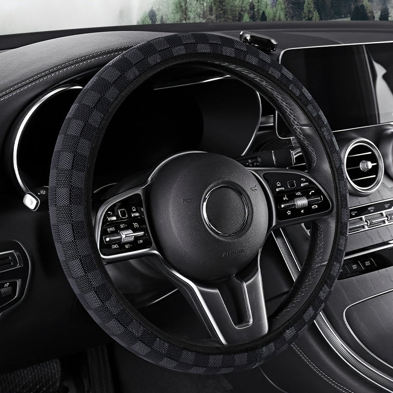 TEMU 15-inch Pu Leather Steering Wheel Cover With Checkered Pattern - Fit, No , Grip & Interior Upgrade