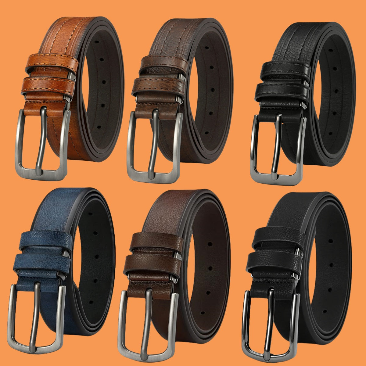 TEMU 6pcs Men's Vintage Distressed Pin Belts - Adjustable 30-52cm, Genuine Leather, , Jeans, Suits, And Casual Attire, Ideal Gift For Men, Versatile