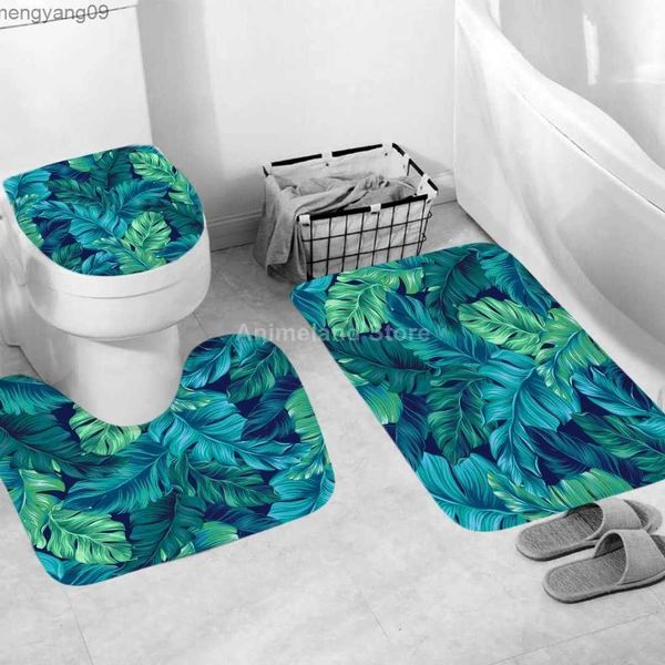 Shower Curtains Fashion Leaves Shower Curtains Green Ins Bathroom Curtain Bath Sets Toilet Cover Mat Non-Slip Washroom Rug Set Modern 180x18