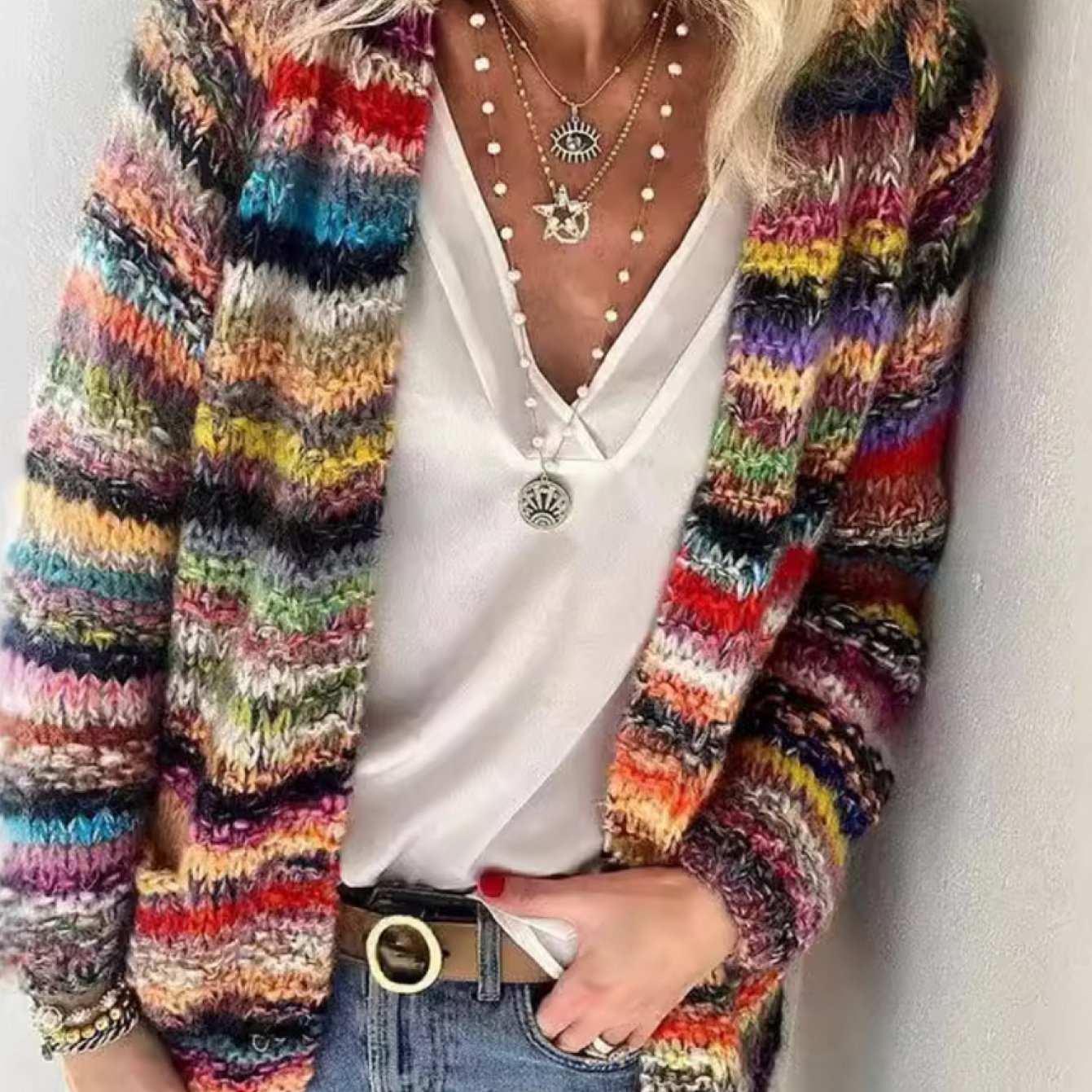 TEMU Scacto Women's Oversized Rainbow Stripe Cardigan Sweater - Y2k Sunny Style Open Front With Button Closure, Multicolor