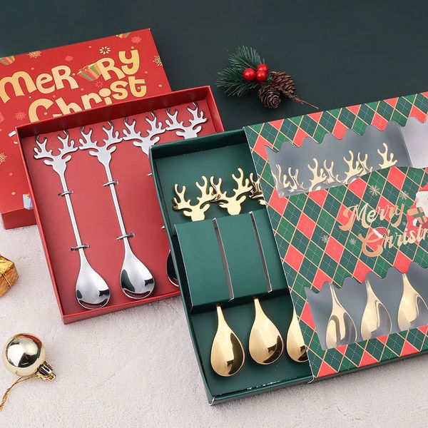 Stainless steel deer head shaped blender spoon romantic Christmas reindeer coffee dessert Exquisite kitchen utensil set 240927