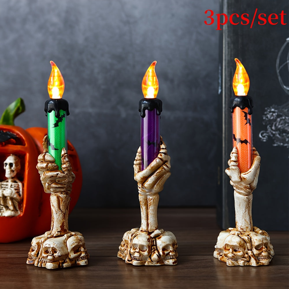 TEMU 3pcs Halloween Led Candle Holders - Flameless Skeleton Hand Lights With Button , Party & Bar Decor