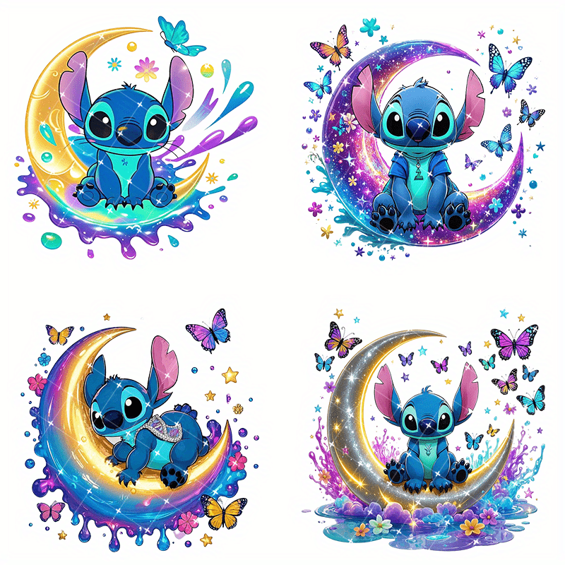 TEMU 4pcs Stitch Butterflies High Quality Dtf Transfer Stickers - 3d Crystal Glossy Self-adhesive Decals For Cups, Water Bottles, Diy Crafts (vibrant