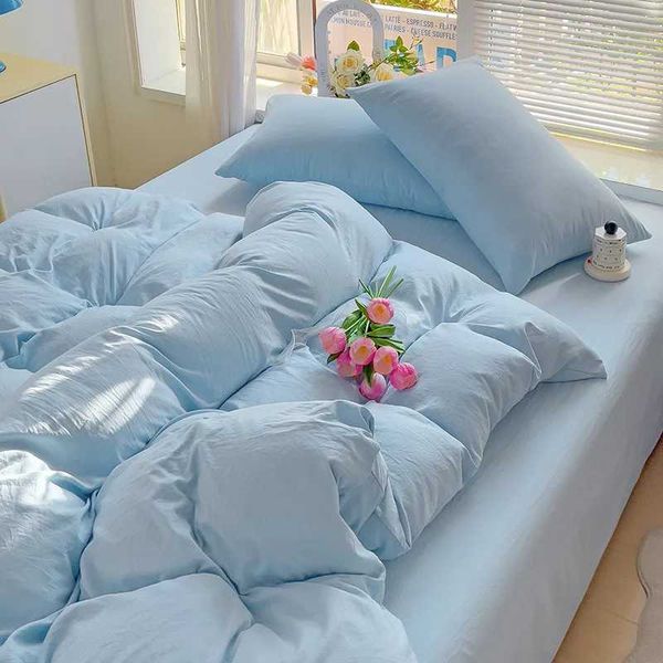 Womens Blue Down Duvet Cover Set Double Large Soft Flat Bed Sheet Pillowcase Linen Princess Bedding Solid Color INS Bedding Y241024