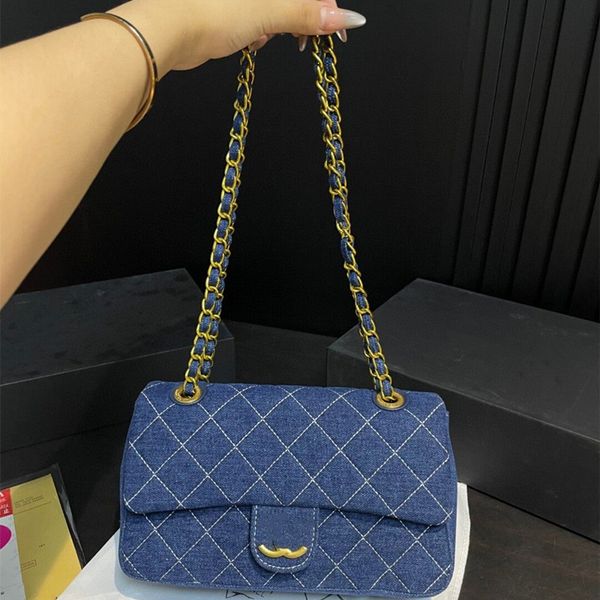 Womens Designer Classic Flap Square Denim Bags Quilted Purse Blue Gold Metal Hardware Matelasse Chain Crossbody Handbag 26CM