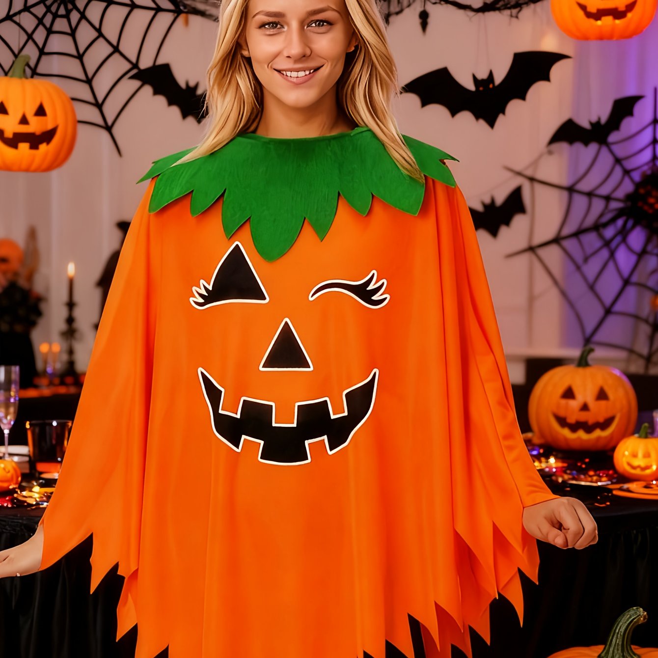 TEMU Halloween Pumpkin Costume - Cape With Green Leaves & Jack-o-lantern Face Cutouts, Wear For Parties, Trick--treat & Themed Events - Comfortable &