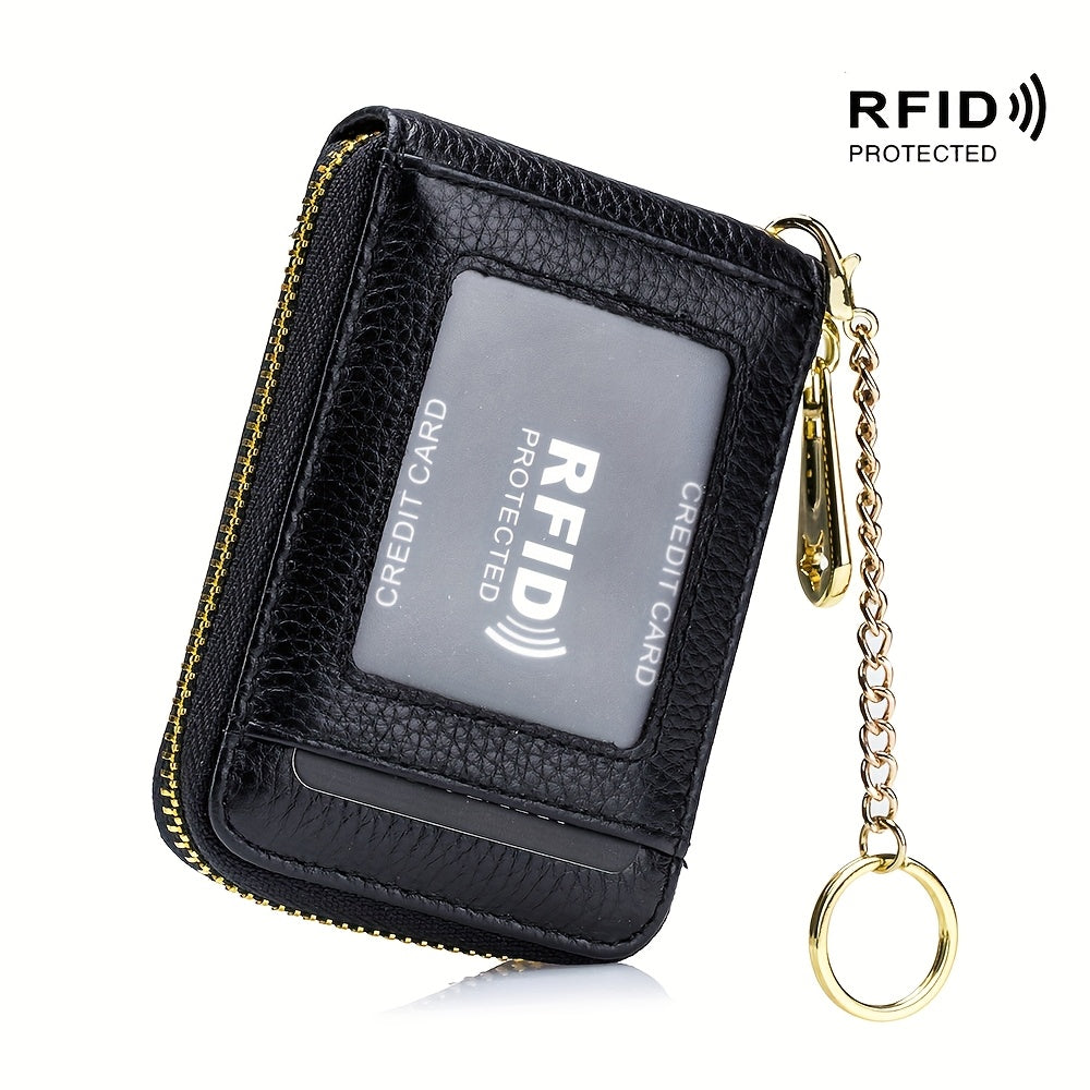 TEMU Cubidupi Rfid Blocking Credit Card Holder, Large Capacity Multi-compartment Wallet With Zipper Closure, Golden-tone Chain Strap, Black, For