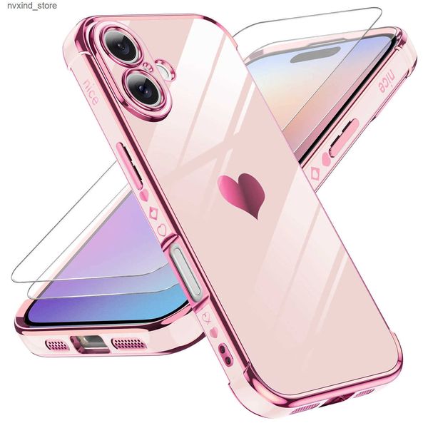 Cell Phone Cases Phone Case for iPhone 16-16 Plus-16 Pro-16 Pro Max Shockproof Soft TPU Heart Pattern with 2 Tempered Glass Screen Protector