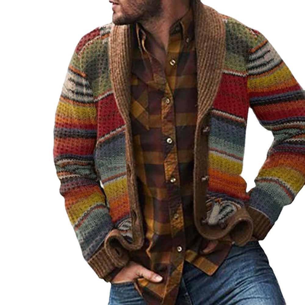 Mens Sweater Jacket 2025 Autumn Winter TurnDown Collar Color Block Knitted Cardigan Rainbow Sweater LL220826