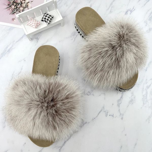 Slides Fur Summer Rivets Platform Sandals Womens Sandals Outdoor True Fur Womens Heel Shoes Fluffy Flip Slippers 240827