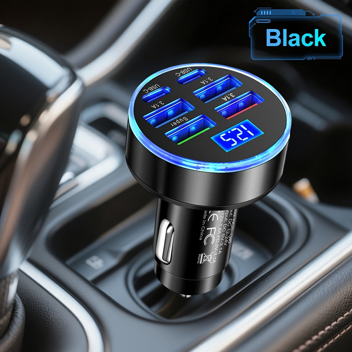 TEMU 6 - In - 1 Usb C Car Charger Car Plug With Voltage Monitor Fast Charging, Car Atmosphere Light, Car Accessories For Men, For Iphone