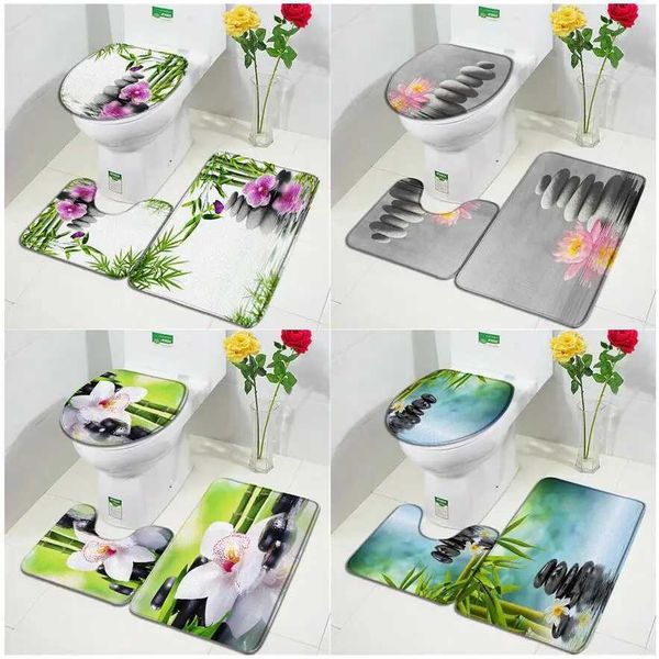 Zen Bath Mat Set Green Bamboo Orchid Lotus Plant Black Stone Spa Landscape Bathroom Decoration Anti slip Carpet Toilet Cover M240829