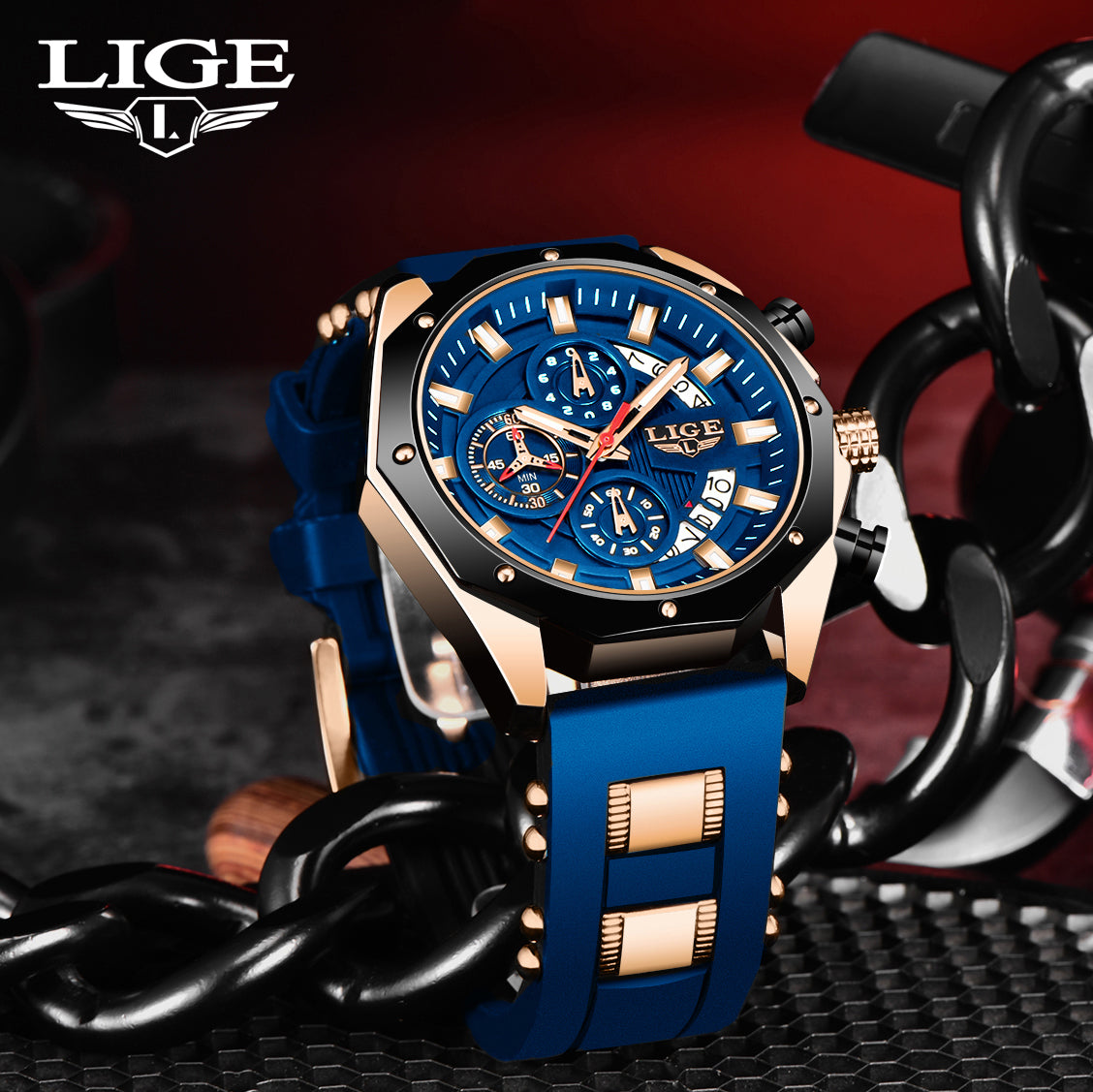 LIGE Mens Watches Brand Luxury Silicone Strap Waterproof Sport Quartz Watch Men Chronograph Military Clock Multi-function chronograph Multi-function