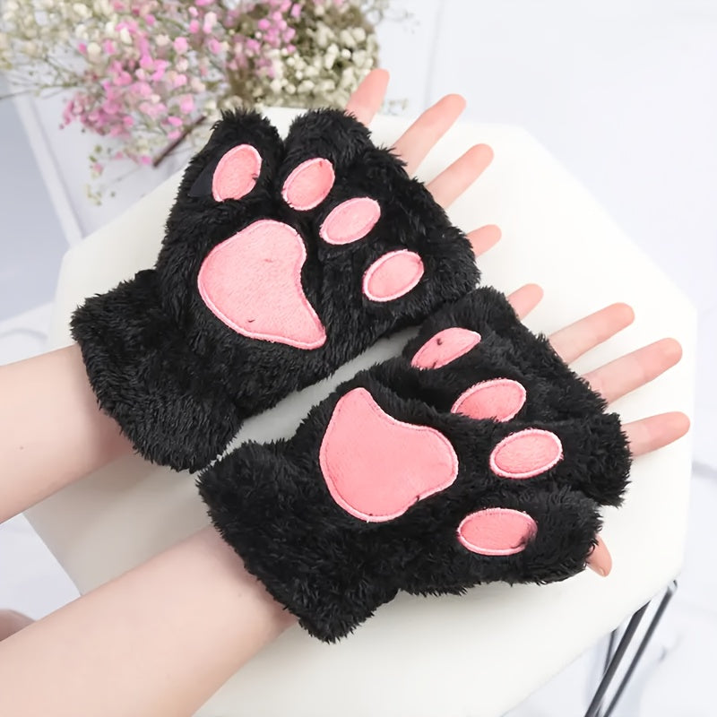 TEMU 1pc Autumn And Winter Thickened Plush Half-finger Gloves, Cat Paw Design